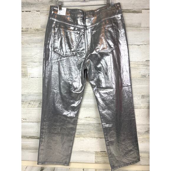 MNG Womens 12 Silver Foil Straight Wide Leg Denim Jeans Evening Wear NEW - Picture 4 of 11